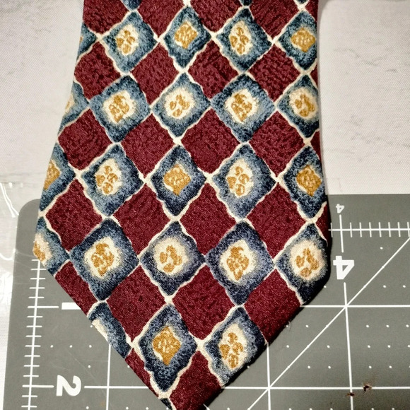 Lamberti Men's Tie Silk Maroon Blue Gold Geometric Pattern Made in Italy - Picture 6 of 8